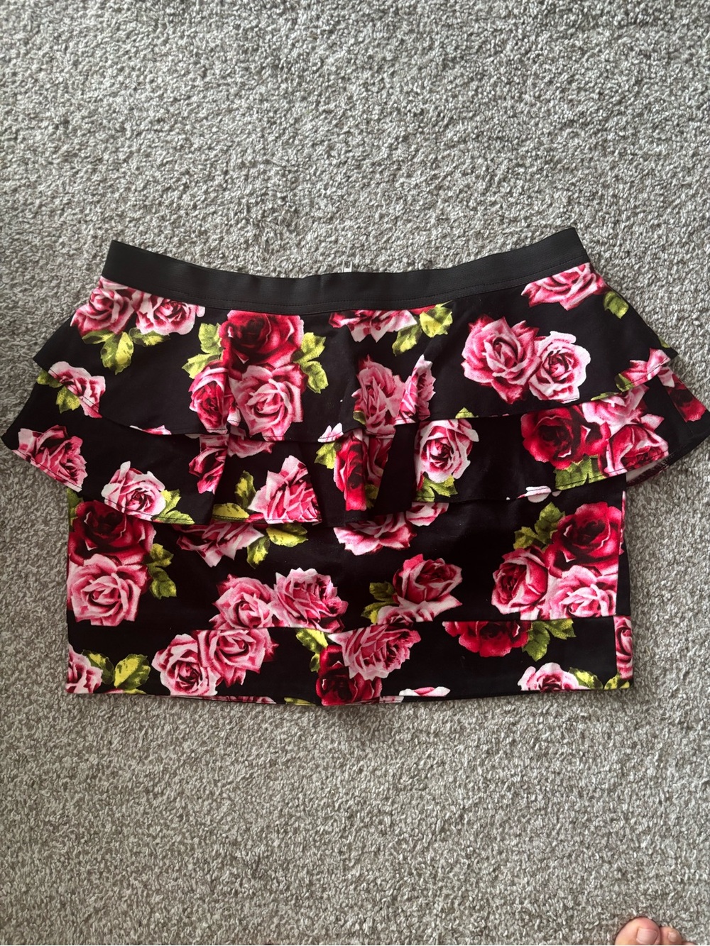 Material Girl Black Mini Skirt with Pink Rose Print